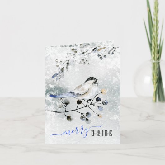 雪の上の鳥の木の上に果実と陽気なクリスマス シーズンカード (正面)