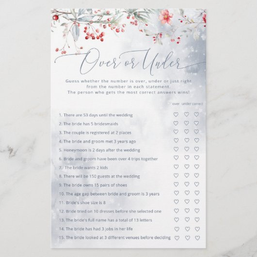 雪の上または下のブライダルシャワーゲーム (正面)