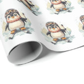 雪の上をスキーする水色ペンギン ラッピングペーパー (ロールコーナー)
