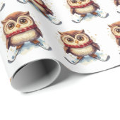 雪の上を水色のフクロウがスキー ラッピングペーパー (ロールコーナー)