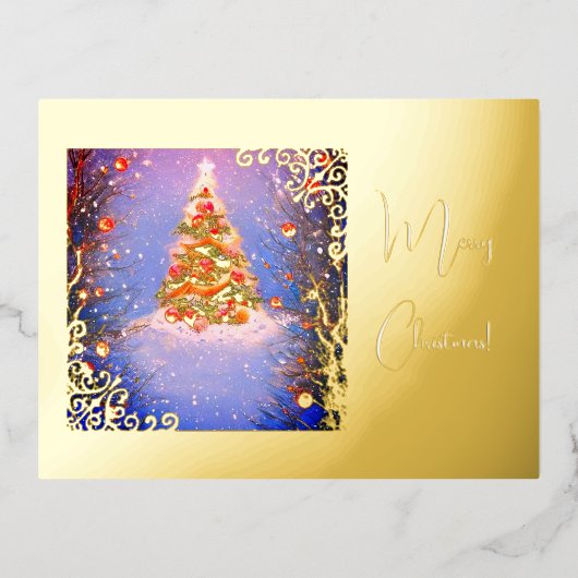 雪の下のクリスマスツリーと金ゴールド 箔シーズンポストカード (正面)