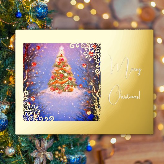 雪の下のクリスマスツリーと金ゴールド 箔シーズンポストカード
