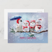 雪の下のペンギン、ネコ、フクロウと雪だるま 案内ポストカード (正面/裏面)