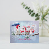 雪の下のペンギン、ネコ、フクロウと雪だるま 案内ポストカード (スタンド正面)