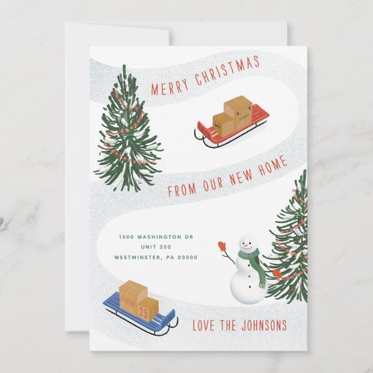 雪の丘をソリで動く引越しのお知らせ シーズンカード (正面)