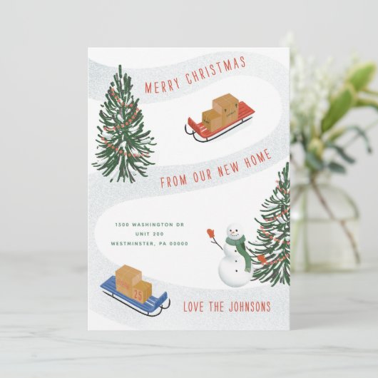 雪の丘をソリで動く引越しのお知らせ シーズンカード (スタンド正面)