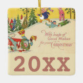 雪の丘を滑る子供たち – ヴィンテージルック セラミックオーナメント (正面)