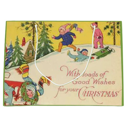 雪の丘を滑る子供たち – ヴィンテージルック ラージペーパーバッグ (正面)