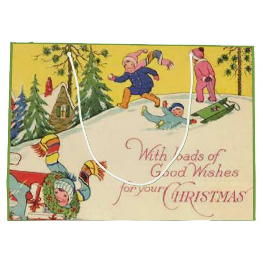 雪の丘を滑る子供たち – ヴィンテージルック ラージペーパーバッグ (裏面)