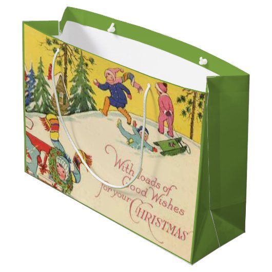 雪の丘を滑る子供たち – ヴィンテージルック ラージペーパーバッグ (裏面アングル)