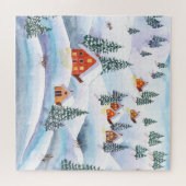 雪の丘、家:水彩風景 ジグソーパズル (横)