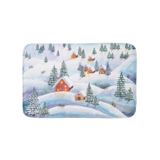 雪の丘、家：水彩風景 バスマット (正面)