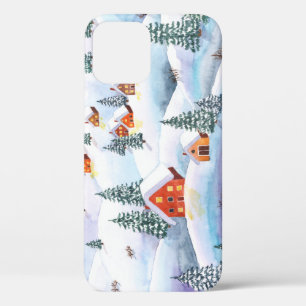 雪の丘、家:水彩風景 iPhone 12ケース