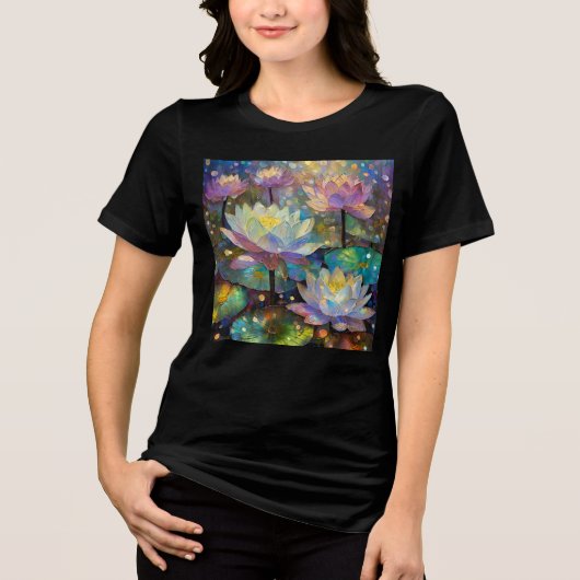 雪の中でのカラフルな蓮の花の開花 トライブレンドTシャツ (正面)