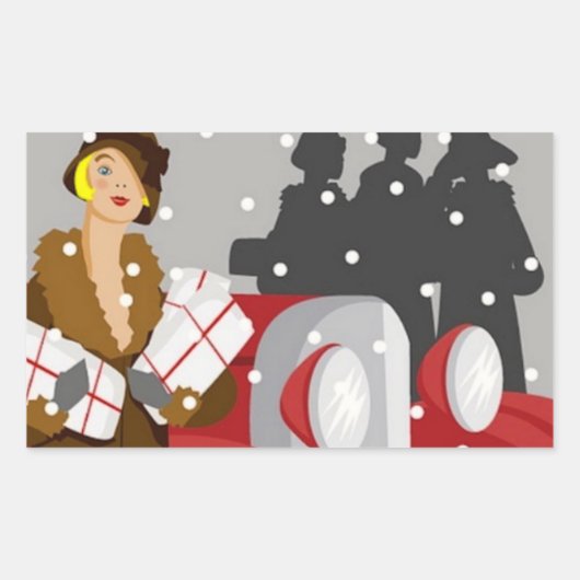雪の中でのクリスマスのショッピング 長方形シール (正面)