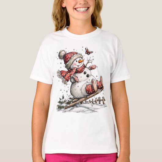 雪の中でのソリ遊び Tシャツ (正面)