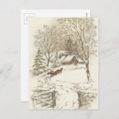雪の中でのヴィンテージのクリスマスそり シーズンポストカード (正面/裏面)