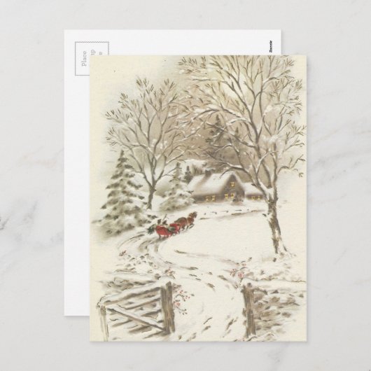 雪の中でのヴィンテージのクリスマスそり シーズンポストカード (正面/裏面)