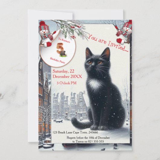 雪の中での冬の祝祭と子猫たち 招待状 (正面)