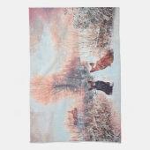 雪の中でウェルシュのコーギーを二人 キッチンタオル (縦)