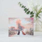 雪の中でウェルシュのコーギーを二人 ポストカード (スタンド正面)