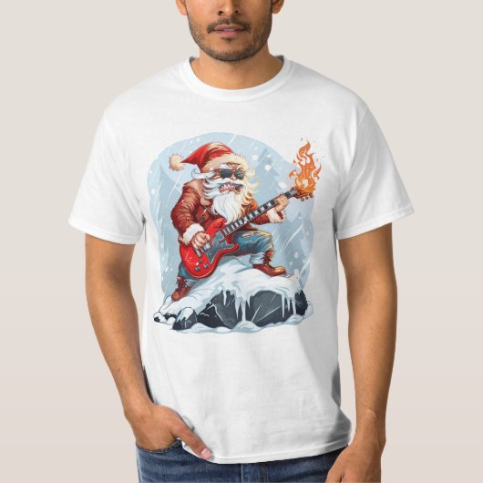 雪の中でギターを弾くワイルドサンタTシャツ Tシャツ (正面)