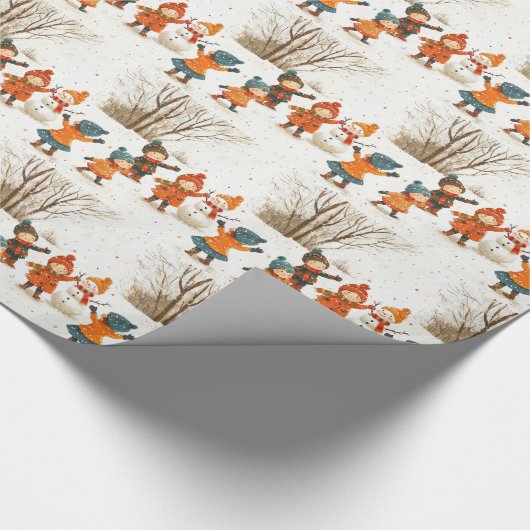 雪の中でクリスマスと休日の幸せな子供たち ラッピングペーパー (角)