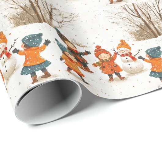 雪の中でクリスマスと休日の幸せな子供たち ラッピングペーパー (ロールコーナー)