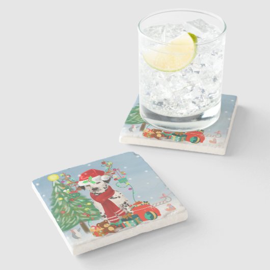 雪の中でクリスマスのプレゼントを贈るダシュント犬 ストーンコースター (横)