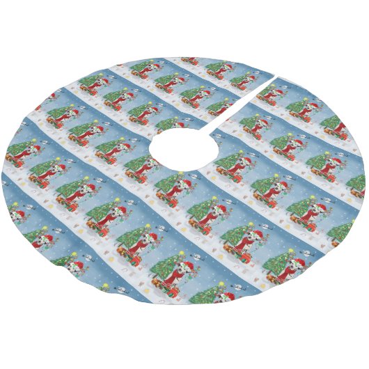 雪の中でクリスマスのプレゼントを贈るダシュント犬 ブラッシュドポリエステルツリースカート (アングル)