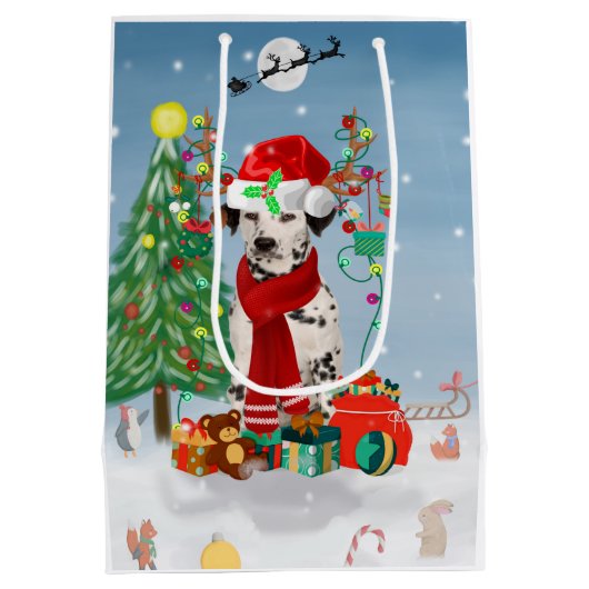雪の中でクリスマスのプレゼントを贈るダシュント犬 ミディアムペーパーバッグ (裏面)
