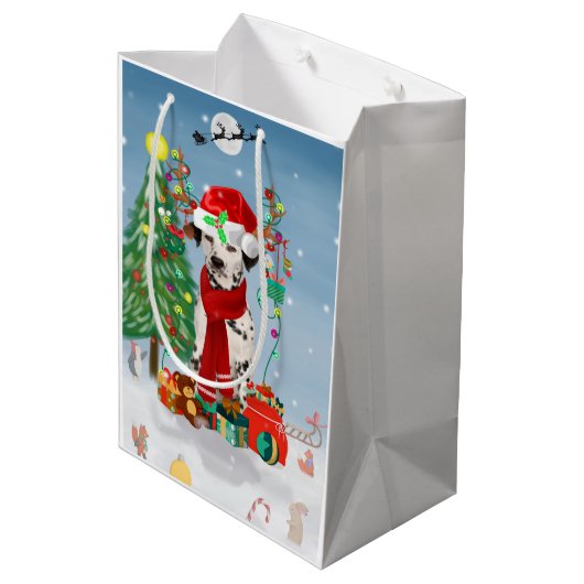 雪の中でクリスマスのプレゼントを贈るダシュント犬 ミディアムペーパーバッグ (裏面アングル)