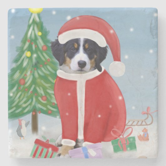 雪の中でクリスマスのプレゼントを贈るベルネーゼ山犬 ストーンコースター (正面)