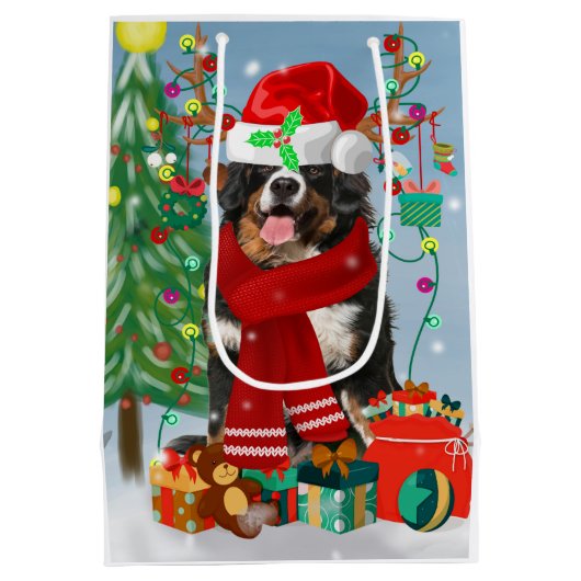 雪の中でクリスマスのプレゼントを贈るベルネーゼ山犬 ミディアムペーパーバッグ (裏面)