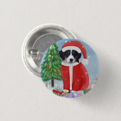 雪の中でクリスマスのプレゼントを贈るベルネーゼ山犬 缶バッジ (正面&裏面)