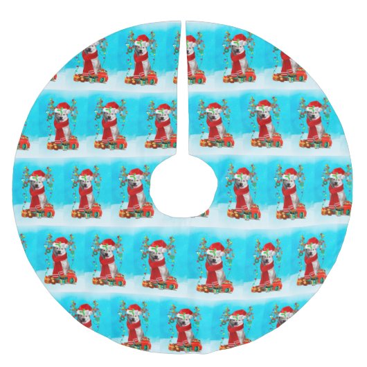 雪の中でクリスマスの贈り物とシベリアのハスキー ブラッシュドポリエステルツリースカート (正面)