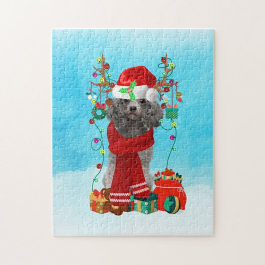 雪の中でクリスマスの贈り物とプードル ジグソーパズル (縦)