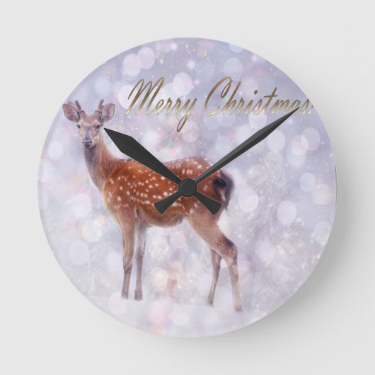 雪の中でクリスマスの鹿のお友達 ラウンド壁時計 (正面)