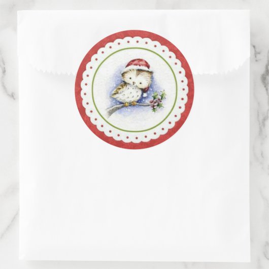 雪の中でクリスマスキャップをかぶった小さなフクロウ ラウンドシール (バッグ)