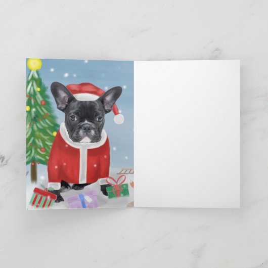 雪の中でクリスマスプレゼントを持つフレンチブルドッグ カード (内部)