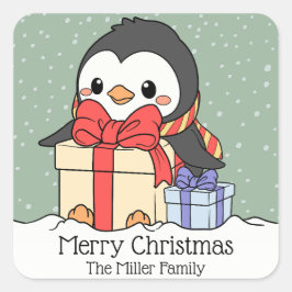 雪の中でクリスマスプレゼントを贈る可愛いペンギン スクエアシール