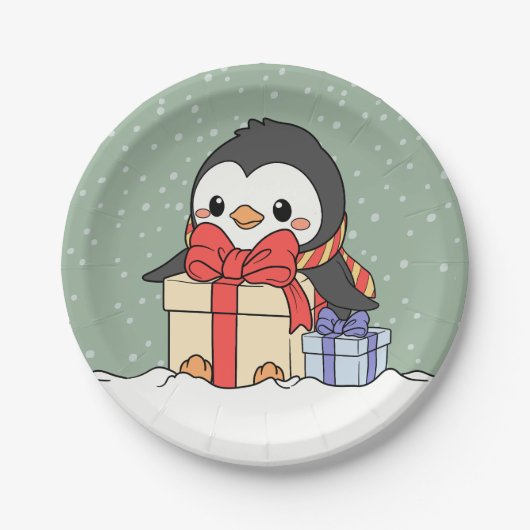 雪の中でクリスマスプレゼントを贈る可愛いペンギン ペーパープレート (正面)