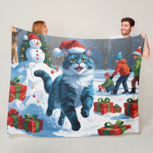 雪の中でクリスマス帽子を被ったオリエンタルブルーキャット フリースブランケット