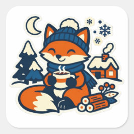 雪の中でココアを飲むかわいいキツネ スクエアシール