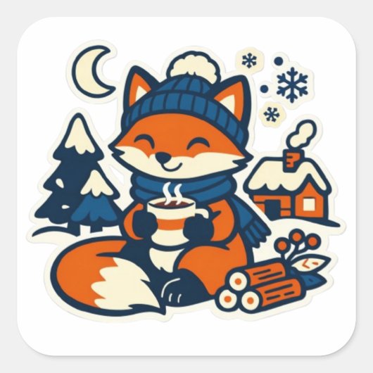雪の中でココアを飲むかわいいキツネ スクエアシール (正面)