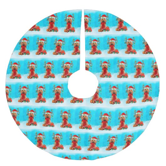 雪の中でコッカースパニエル犬とクリスマスプレゼント ブラッシュドポリエステルツリースカート (正面)