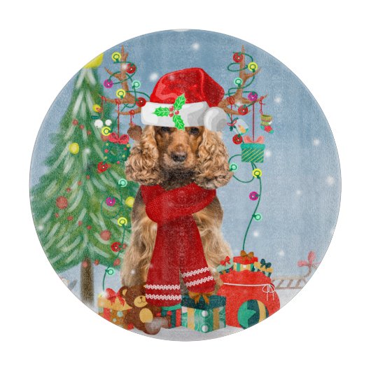 雪の中でコッカースパニエル犬の犬とクリスマスプレゼント カッティングボード (正面)