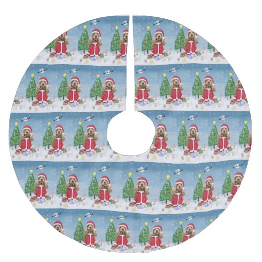 雪の中でコッカースパニエル犬の犬とクリスマスプレゼント ブラッシュドポリエステルツリースカート (正面)