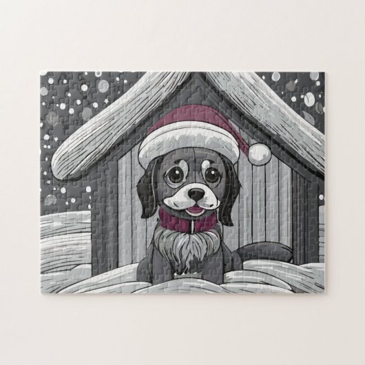雪の中でサンタがかわいい犬 ジグソーパズル (横)