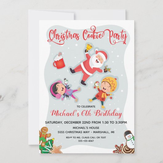 雪の中でサンタとクリスマスクッキーパーティー 招待状 (正面)